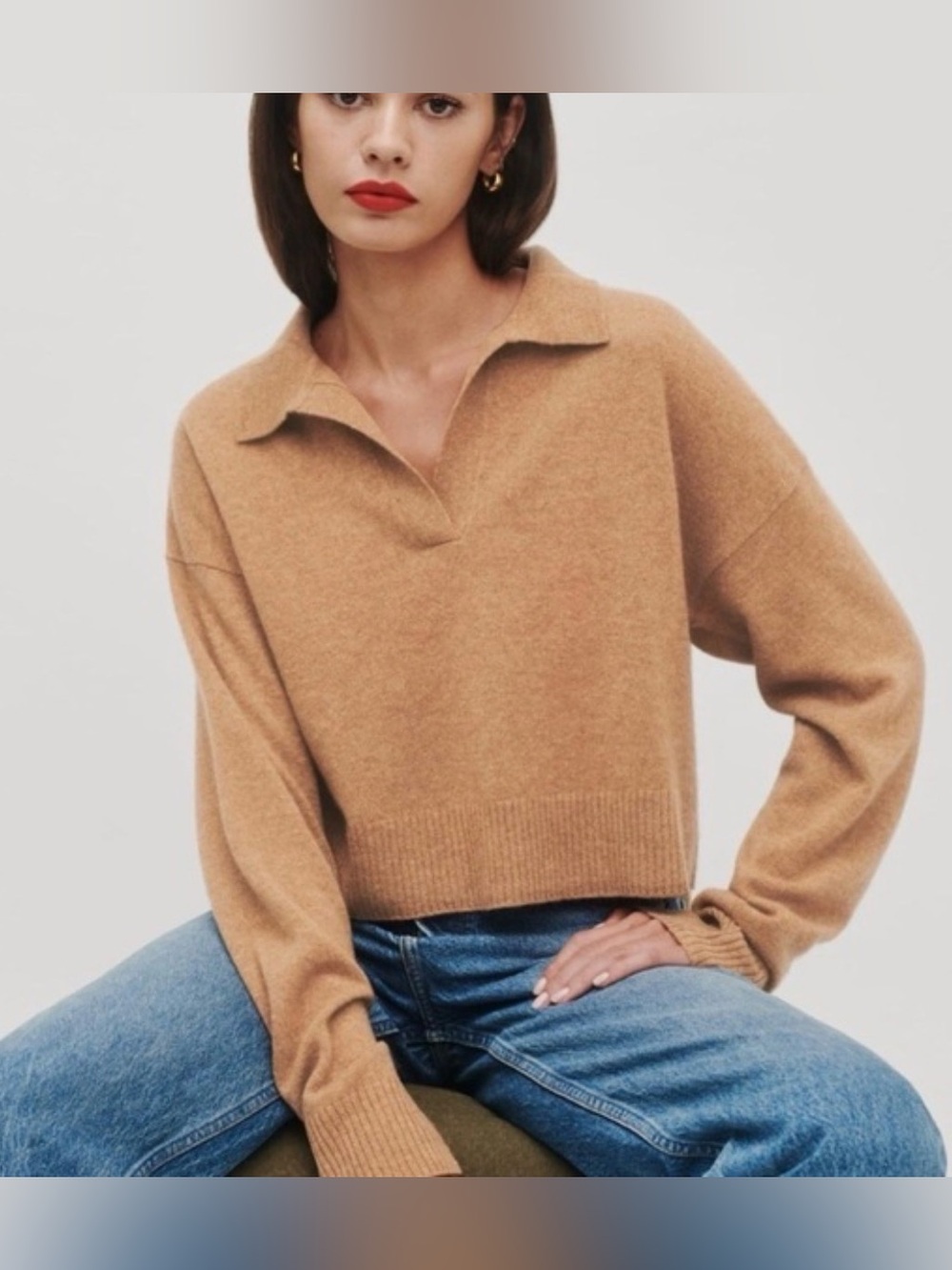 ASTR the Label Cropped Collared Polo Pullover Sweater, Camel, Size XL